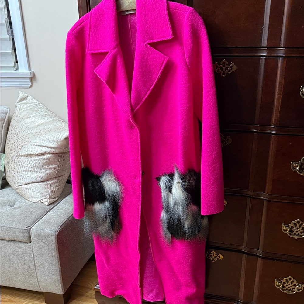 Hot Pink Coat with Faux Fur Accents
